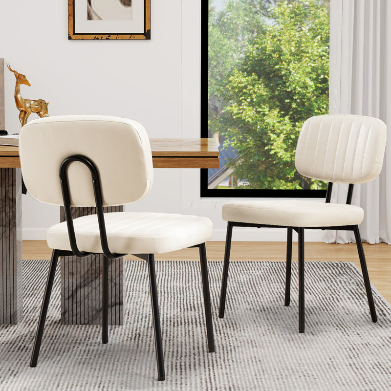 Upholstered Mid Century Modern Kitchen Dining Room Accent Chairs with Faux Leather Cushion Seat Metal Legs for Kitchen Living Room Set of 2